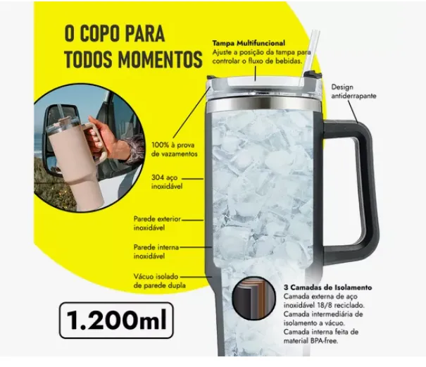 Copo Térmico Inox 1,2L com Alça e Canudo – Mantém Gelado por Horas | Blogueira - Imagem 3