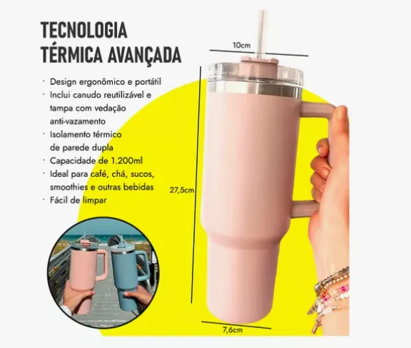 Copo Térmico Inox 1,2L com Alça e Canudo – Mantém Gelado por Horas | Blogueira - Imagem 5