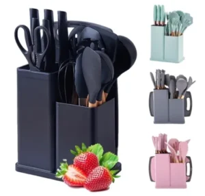 🍳 Kit Completo de Utensílios de Cozinha Luxo 19 Peças com Tábua em Silicone, Facas e Tesoura