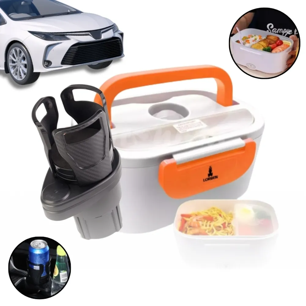 🥗🚗 Marmita Elétrica Portátil 12V/24V + 110V/220V com Porta-Copo Giratório 360°